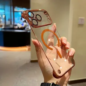Ultra Thin Frameless PC Plating Clear Protective Phone Case Protector For iPhone 17 Pro Max Air 16 15 14 13 For Magsafe Wirelss Charge Protect Cover