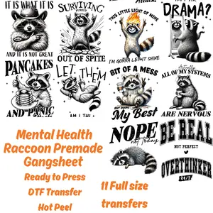 Mental Health Raccoon Premade DTF Gang Sheet-11 Adult Prints Funny Feral Transfer - Sarcastic Racoon Design