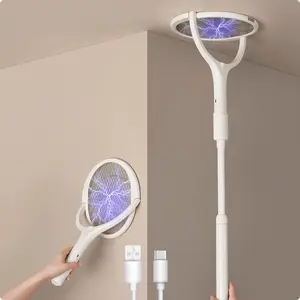 Rotating Head Electric Fly Swatter Racket Rechargeable Bug Zapper Racket Bug Zapper Indoor Fly Zapper Mosquito Zapper Flies Killer for Indoors, with a Telescopic Extension