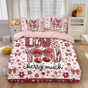 3-piece quilt cover set (1 quilt cover +2 pillowcases, no core) Love flower cherry bow print soft and comfortable bedding, suitable for all rooms