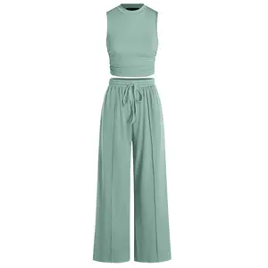 Women's Summer 2-Piece Outfits - Ribbed Knit Crew Neck Sleeveless Cropped Top & Wide Leg Pants Lounge Set # Outdoor fun