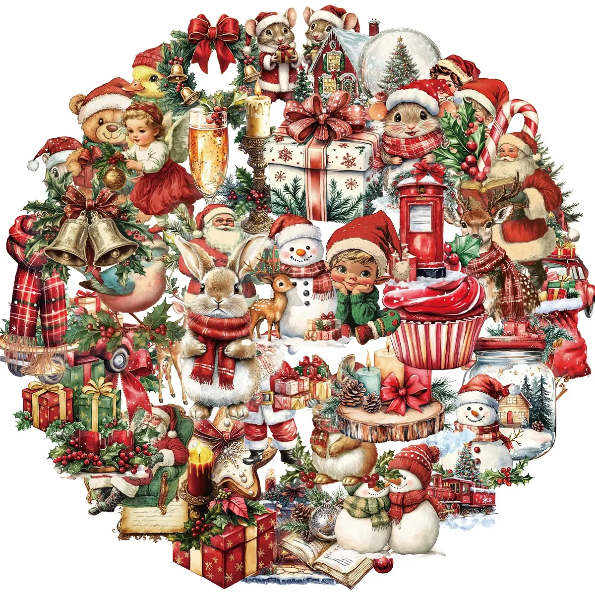 50PCS Vintage Christmas Stickers, Santa Claus Snowman Sticker Pack for Kids Teens, Waterproof Holiday Stickers Decals for Scrapbook,Cards, Christmas Gifts Vsco Sticker for Kids, Stickers For Scrapbooking