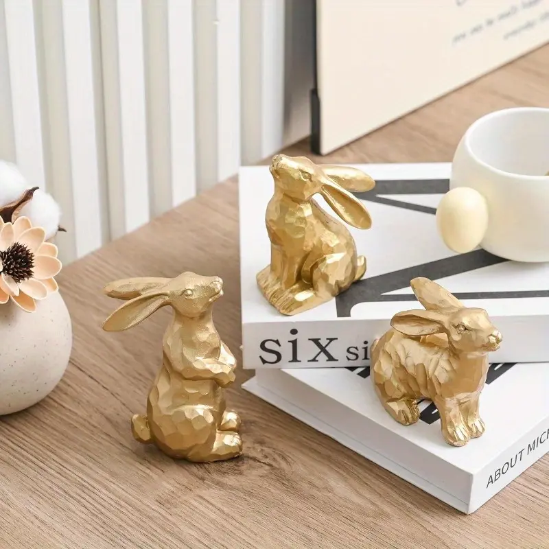 Resin Golden Bunny Decor Rabbit Figurines Small Easter Bunny Figurine Set of 3 Easter Rabbit Statues for Spring Tabletop Decor