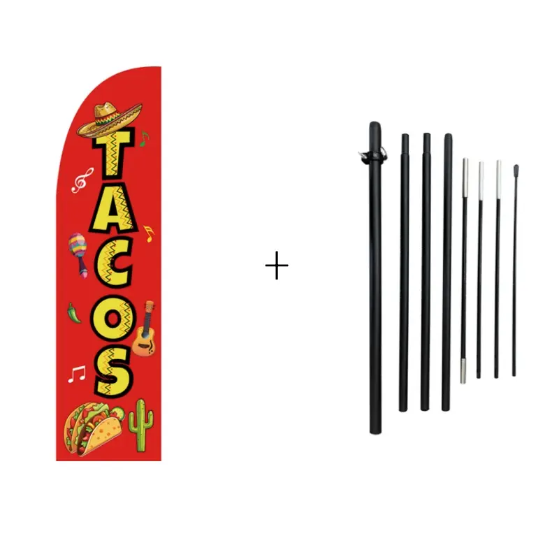 TACOS (Red) Mexican Food Restaurant Advertising Feather Banner Swooper Flag Sign with Pole Kit BURRITOS(yellow）