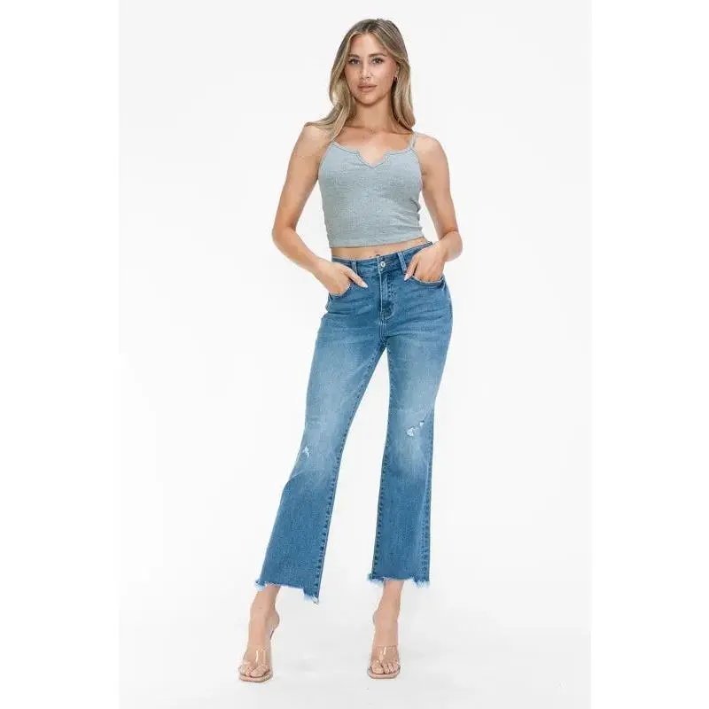 bytos Raw Hem Distressed Mid Rise Crop Jeans