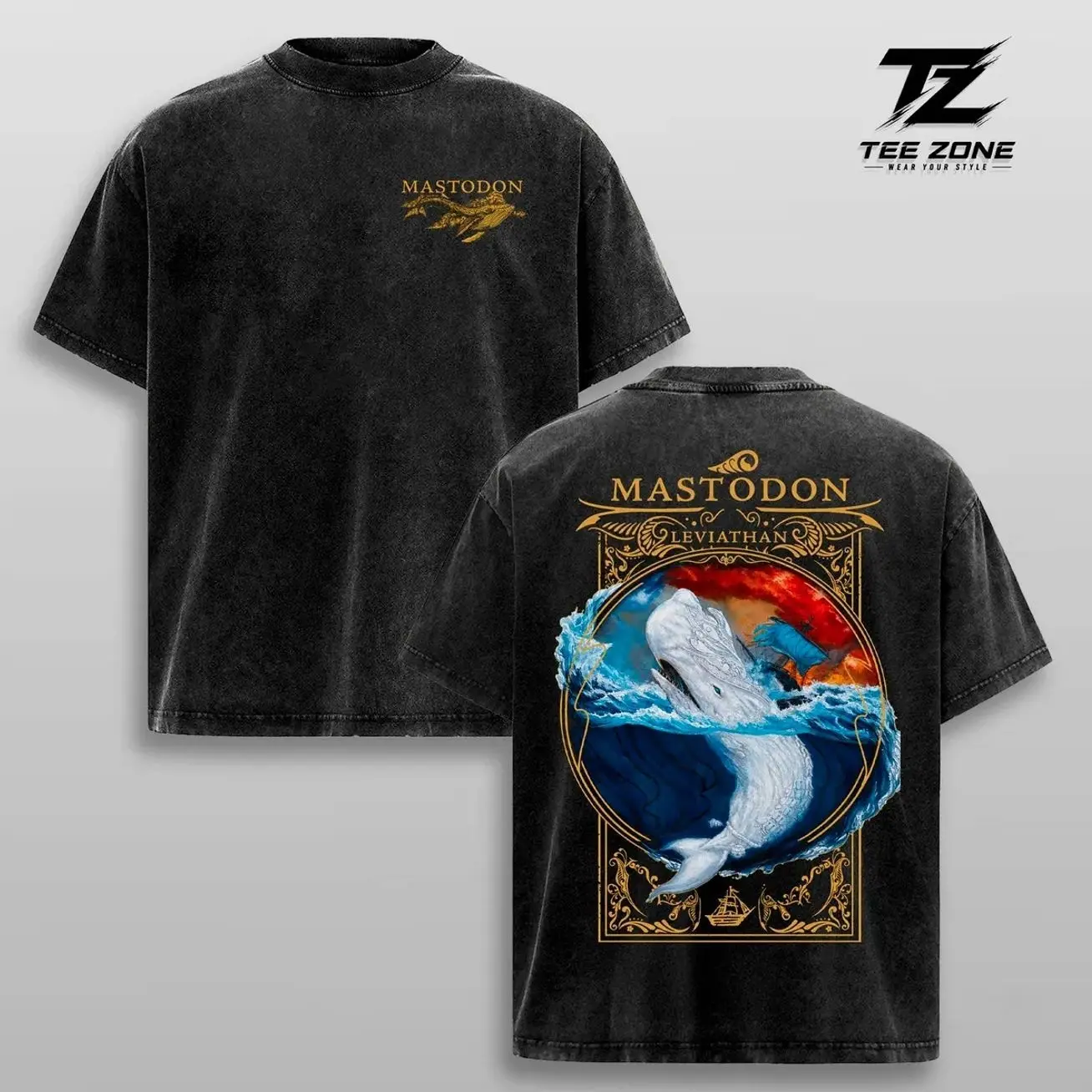 Mastodon Leviathan Acid Wash Oversized Heavyweight Cotton Graphic T-Shirt Vintage Progressive Metal Concert Merch Streetwear 0AA