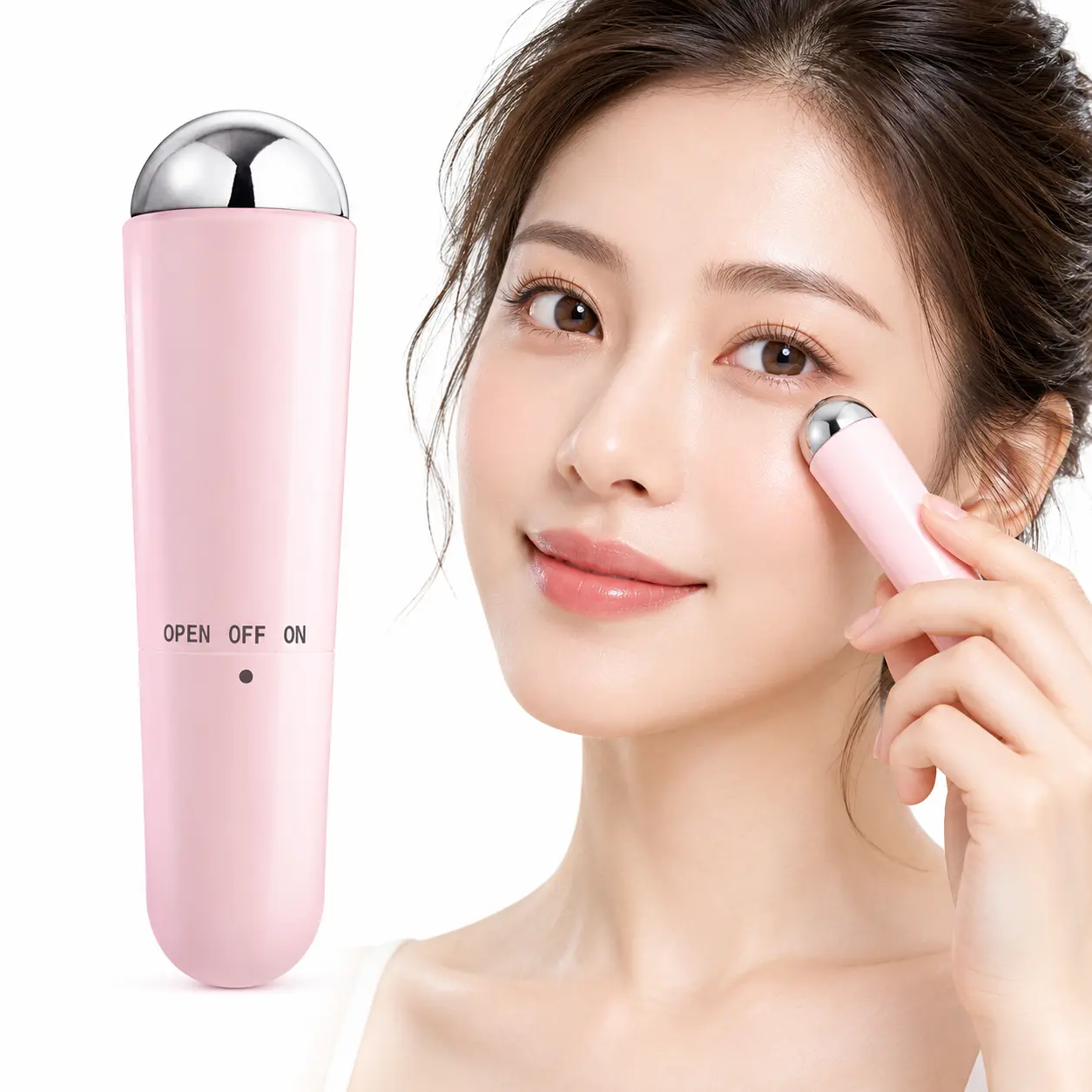 Mini Electric Eye Massager, Portable Vibrating Facial Massage Wand with Metal Roller Head, Compact Under Eye Beauty Tool for Daily Skincare Routine, Lightweight Handheld Face Massager for Home & Travel, Pink