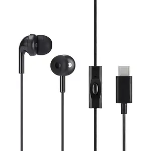 USB-C Wired Earbuds with Microphone, In Ear Headphones, 4.2 ft long cable, S/M/L Ear Tips, Black