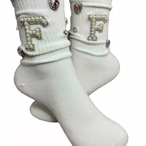 Pearl F Initial Rhinestone Socks 6-10