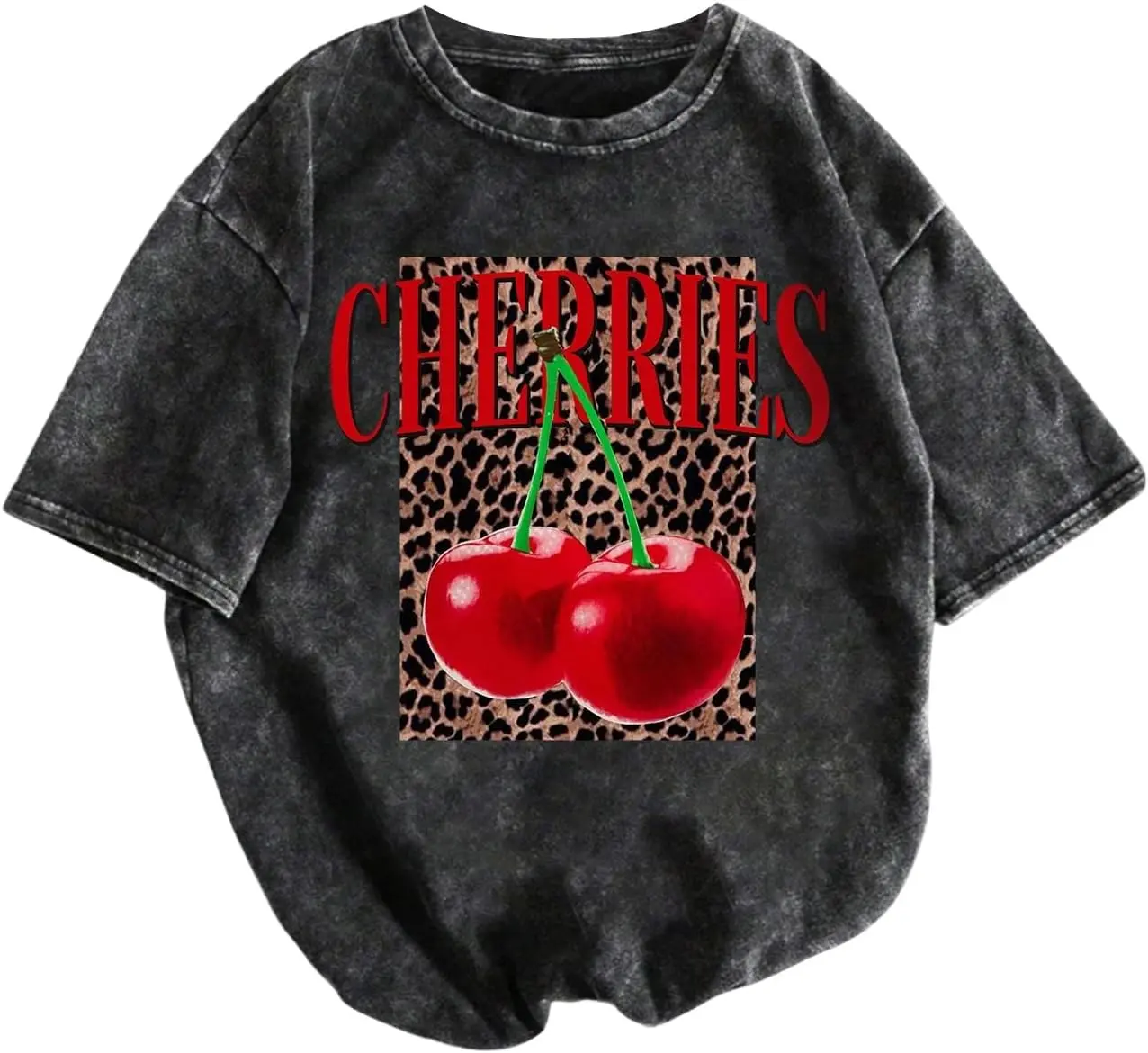 Women's 100% Cotton Washed Short-Sleeve T-Shirt - Vintage Round Neck Streetwear Clothing, Leopard Cherry Graphic Cute Everyday Cute Tops for Women, Women's Tops