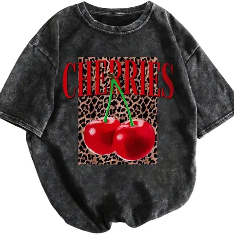 Women's 100% Cotton Washed Short-Sleeve Graphic Tshirt - Vintage Round Neck Trendy Graphic Shirts, Leopard Cherry Print Tops for Women Streetwear Apparel