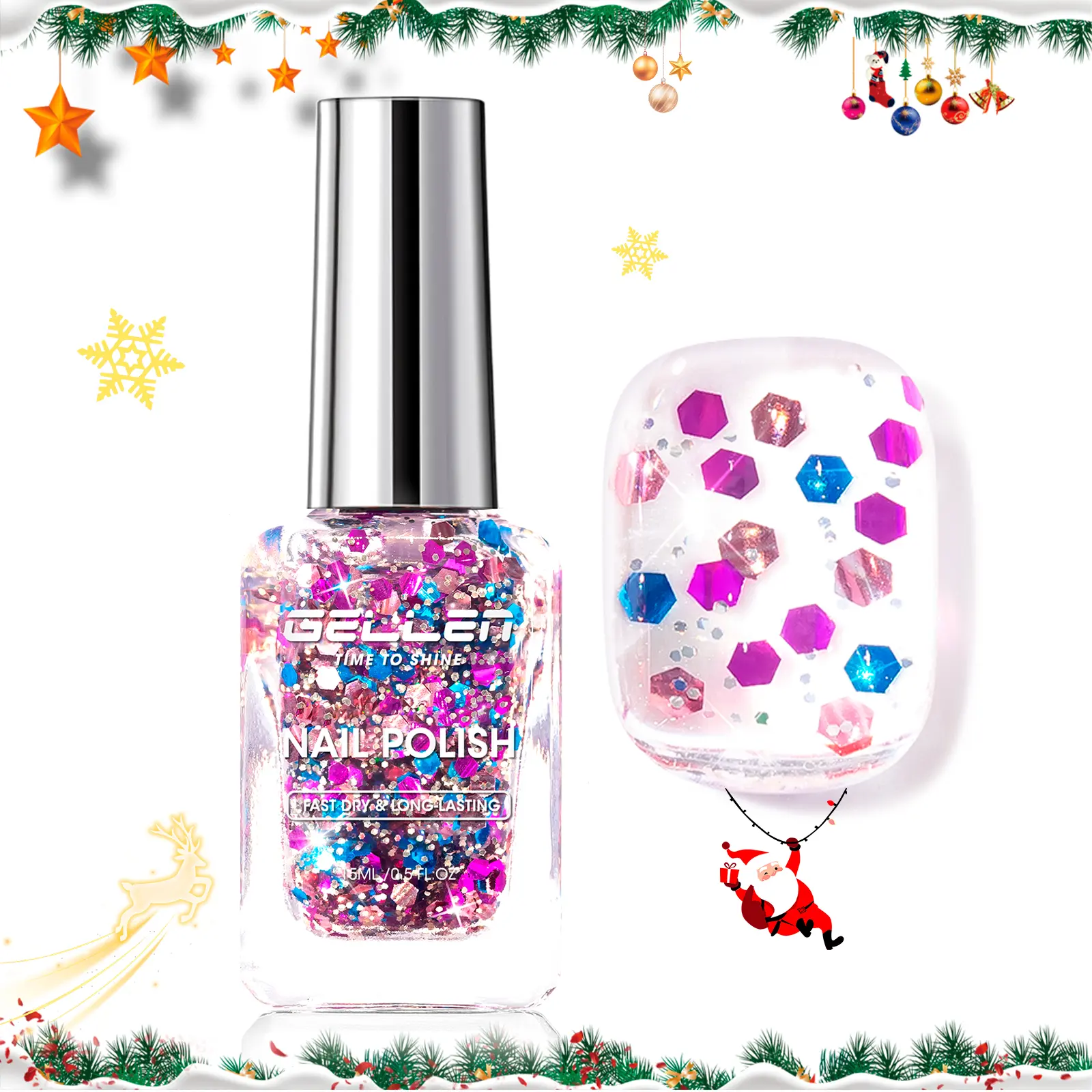 Gellen Christmas Glitter Nail Polish - 1pc Holiday Manicure, Quick Dry Purple Blue Sparkle Nail Polish for Women & Girls, Winter Party Gift