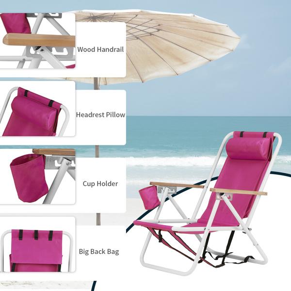 Folding Beach Chair Set of 2 for Adults, 4 Position Portable Backpack Foldable Camping Chair with Headrest Cup Holder and Wooden Armrests, Pink