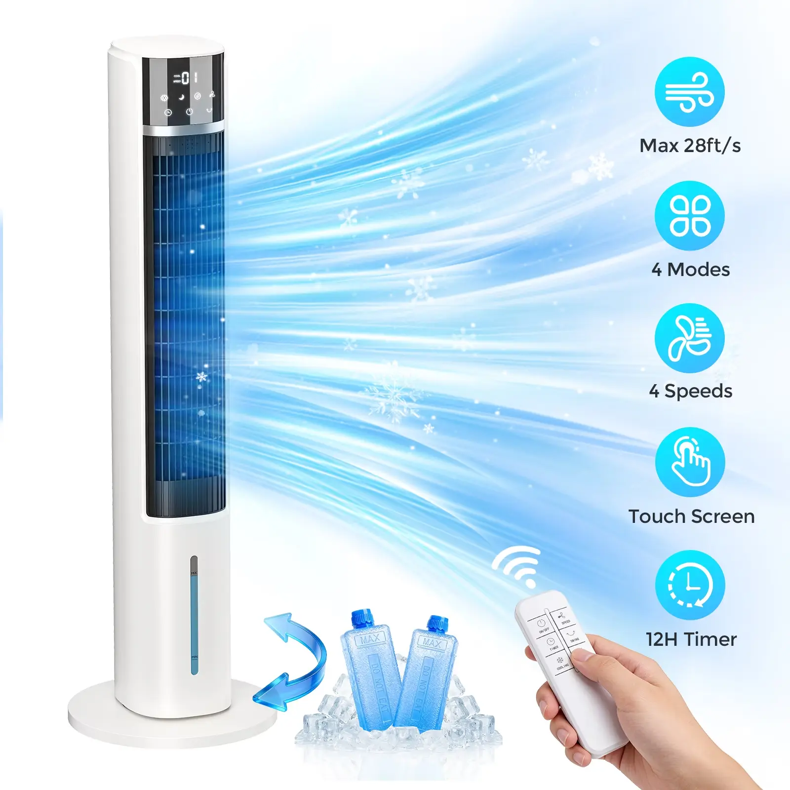 Evaporative Air Cooler Tower Fan for Home Bedroom, 40" Floor Standing Cooling Fans,90° Oscillating,4 Modes & 4 Speeds,12H Timer,2 Ice Crystal Boxes