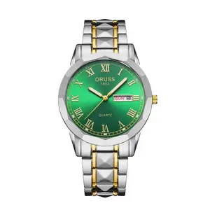 ORUSS Green Dial Quartz Watch with Roman Numerals and Date Display Luminous Analog