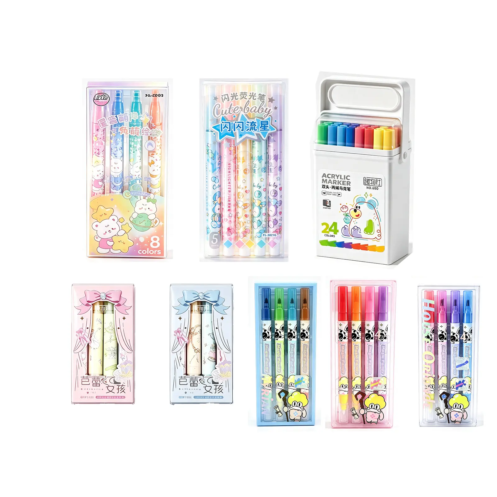 5Sets Kawaii Marker Pen Collection, Dual Tip Cartoon Highlighter Pens & Acrylic Paint Marker Set, Pastel Cute Drawing Markers for Note Taking Journaling Rock Painting, Back To School Stationery Gift for Kids Students