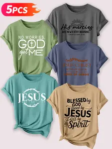 Christian Faith Women's Casual Everyday Round Neck cotton T-Shirt Set, Best Selling Bible Verses & Jesus Print Short Sleeve Tops, Spring Summer Wear