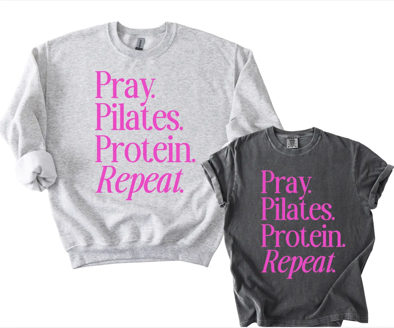 Pray, Pilates, Protein, Repeat Puff Print Trendy Christian Sweatshirt or T-Shirt