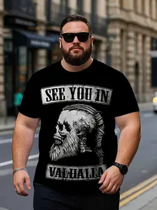 A men's "Reunion with Valhalla" Viking skull and braided hair pattern printed T-shirt - black casual round-neck short-sleeve, made of durable polyester fabric, machine washable, regular fit, suitable for daily wear.