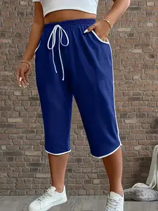 Plus Size Women's Casual Solid Color Seven-Quarter Pants with Drawstring, Side Stripe Design & Pockets, Perfect for All Seasons Wear