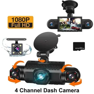 4 Channel Dash Camera for Car, 1 Set 360° Swivel Camera, Full HD Front & Rear & Left & Right Camera with 64G TF Card, Loop Recording Reversing Camera, Safety Dash Camera (Night Version) truck accessories