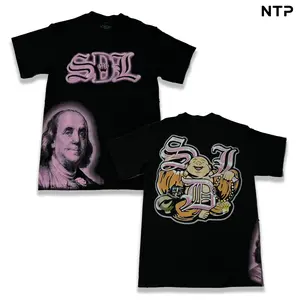 SDL Purple Gothic T-Shirt Double-Sided - Benjamin Franklin & Laughing Buddha Vintage Graphic Tee, Unisex Oversized Streetwear, Pink Purple Crown Logo Print, Hip Hop Money Buddha Design, Casual Fashion Gift for Men Women