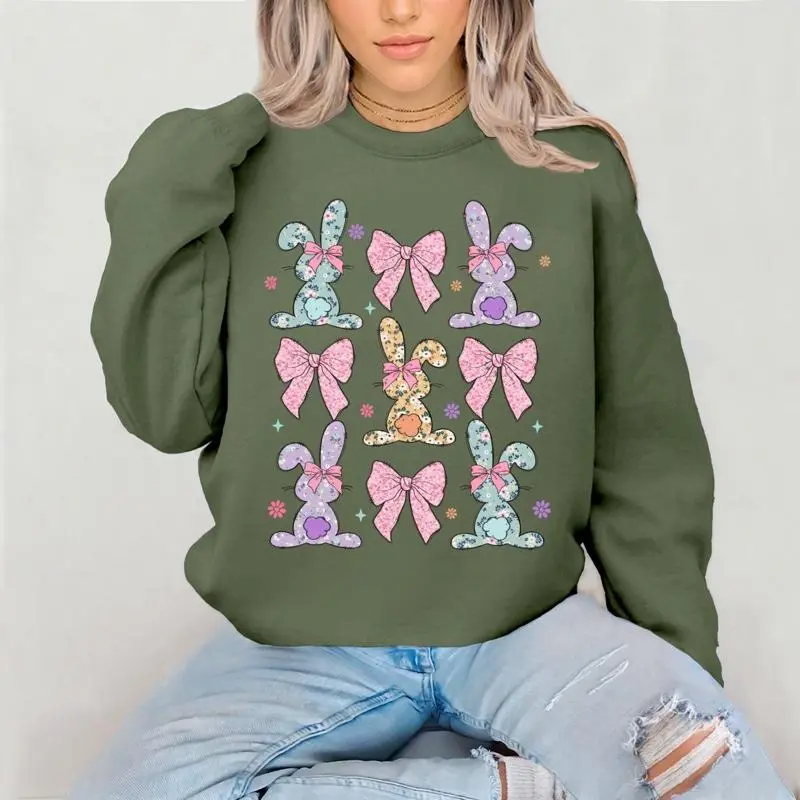 Bunnies And Bows Crewneck Sweatshirt Gildan Everyday Style Super Soft Unisex Fit Streetwear Graphic Top warm Womenswear Casual Printed Long Sleeve Bunnies Easter pastel