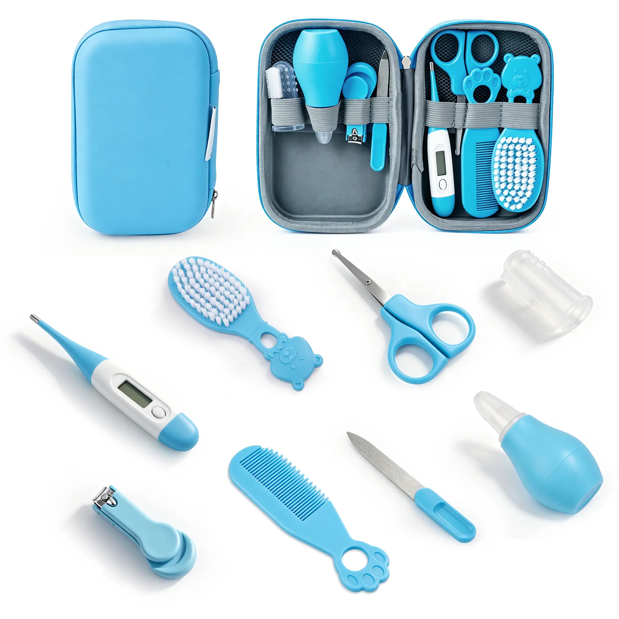 Complete Infant Daily Care 8 in 1 Set, Baby Manicure Grooming Tools, Nose Remover Tool, Hair Brush Comb, Nail File Grinder & Handy Temp Check Accessory