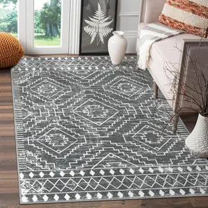 Moroccan 4x6 Area Rug, Washable Dark Gray Living Room Rug, Non-Slip Boho Rug for Bedroom, Farmhouse Non-Shedding Soft Indoor Carpet for Kitchen Entryway Mud Room (Dark Grey,4'x6')