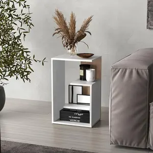 Three tier white and natural oak side table with top surface plus two lower shelves for bedroom nightstand