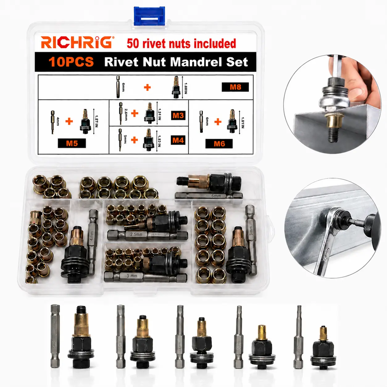 Head Rivet Nut Tool, M3 M4 M5 M6 M8 Rivnut Kit, Carbon Steel Rivnut Set, Threaded Rivet Nut Kit, Manual Riveter Rivnuts Tool Accessory for Automotive Repair Warehouses,fathersdaygift