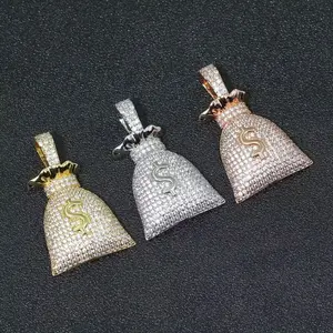 【PANG Jewelry】 Unisex Hip Hop Necklace with Zircon Inlaid Money Bag Pendant, Fashion Jewelry for Men and Women