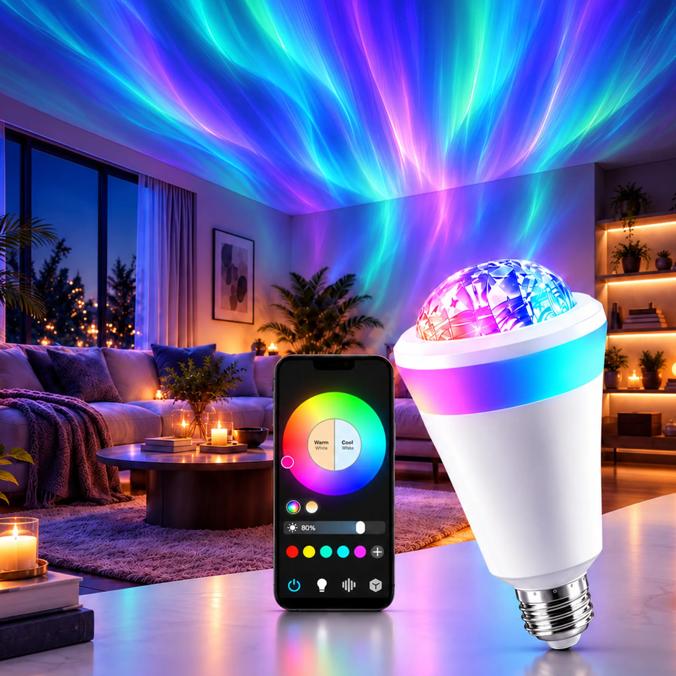 Aurora Light Projector Smart Bulb, E26 Base, 16M Color RGB+CCT Mood Light, Voice Assistant Compatible, Plug & Play, Colorful Aura Indoor Use Item with Projection Effect, Aesthetic Specialty & Decorative Lighting for Bedroom, Party,   shower lamp