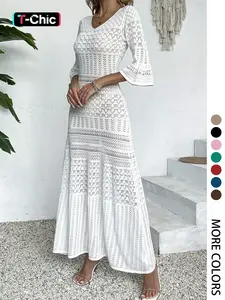 Elegant V-Neck Knit Dress, Hollow Out Design, Casual Fitted Long Skirt, Spring & Summer Beach Vacation Wear, Random Pattern, Womenswear