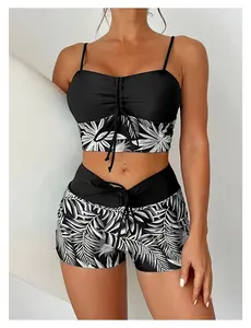 Women's Modest Swimsuit Two Piece - Leaf Print Swim Shorts Set - Beach Pool Swimwear - Comfortable Athletic Bathing Suit - UPF 50+ Sun Protection