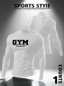 Men's High Neck Long Sleeve Slim Fitted Thermal Shirt, Casual Graphic Letter Pattern, Summer Wear, Moderate Fabric Thickness, H Type Silhouette