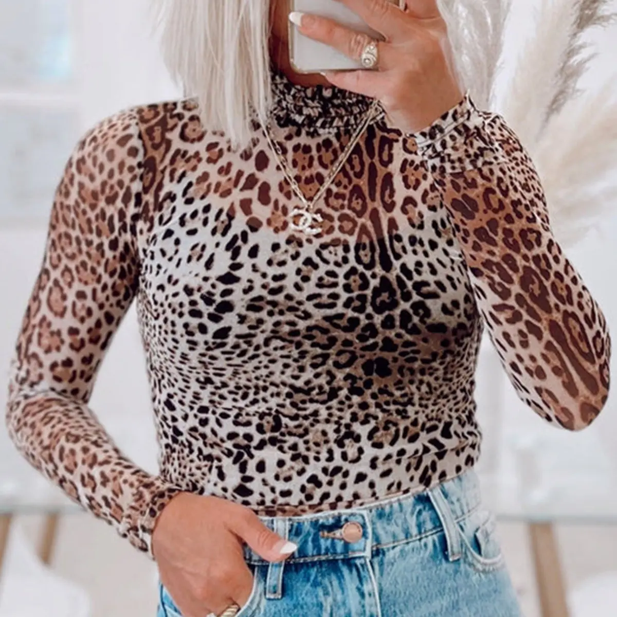 Brown Leopard Smocked Neck Mesh Long Sleeve Bodysuit