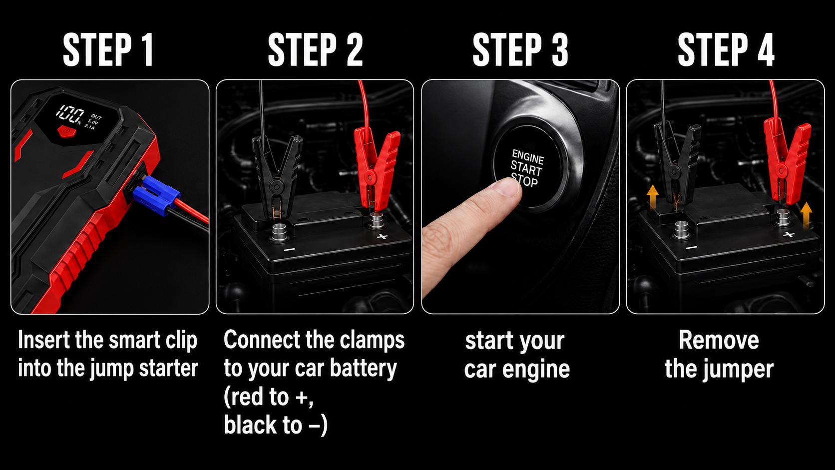 Powny Car Jump Starter with USB Cable and Clamps for Vehicles and Motorcycles