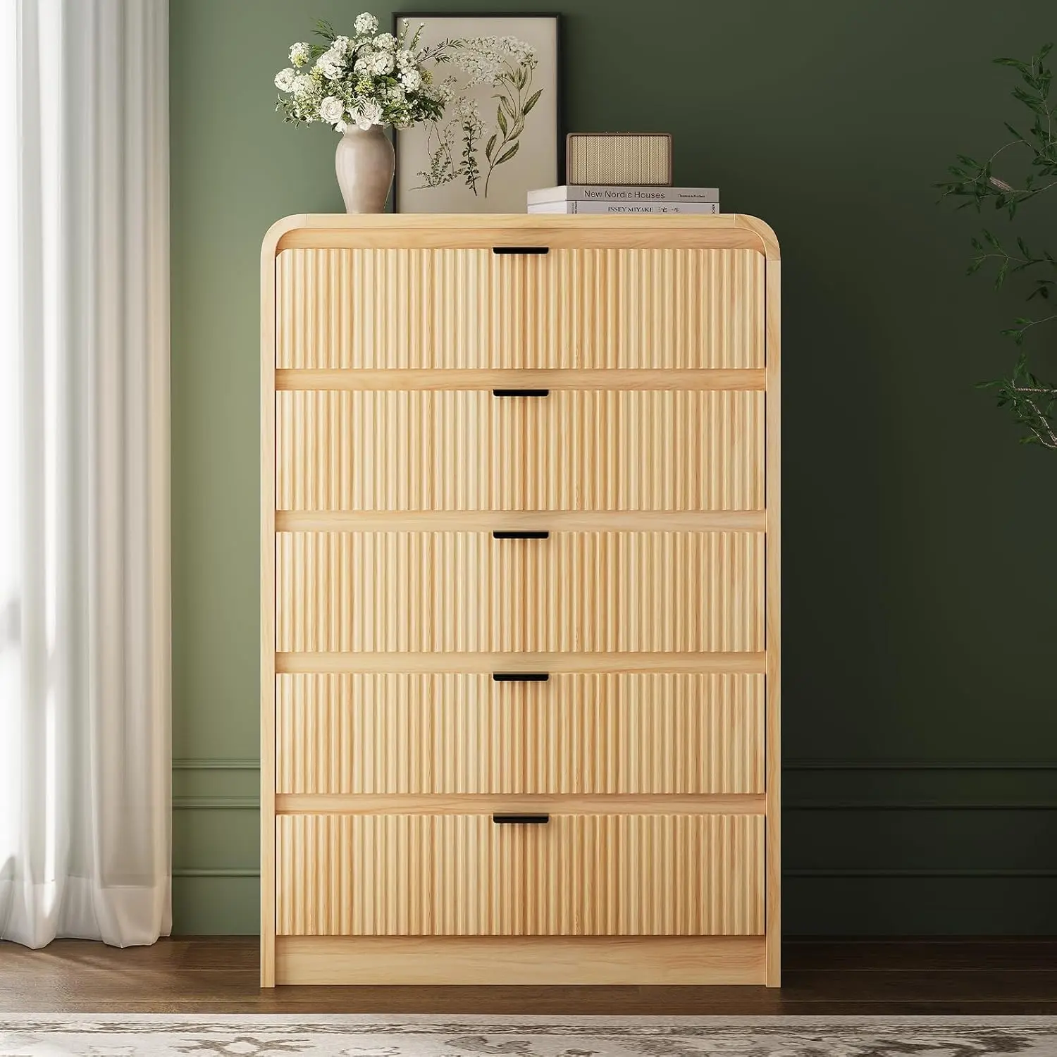 FURSUN Fluted 5 Drawers Dresser for Bedroom, 48" Tall Wooden Modern Dresser with Metal Handle, Curved Profile Design, Storage Organizer for Living Room, Hallway (Natural Oak)