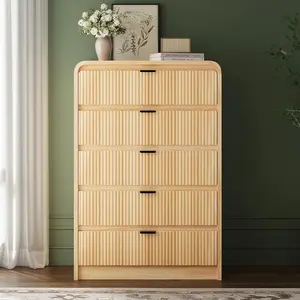 FURSUN Fluted 5 Drawers Dresser for Bedroom, 48" Tall Wooden Modern Dresser with Metal Handle, Curved Profile Design, Storage Organizer for Living Room, Hallway (Natural Oak)