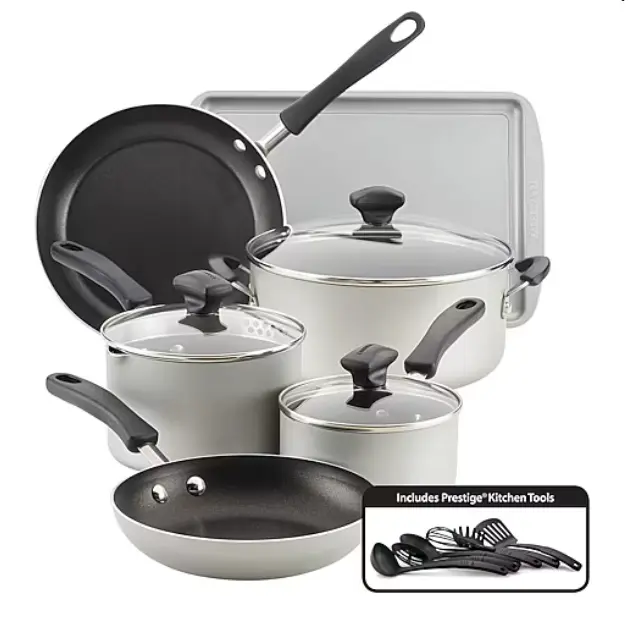 Farberware Cookstart 15Pc Aluminum Cookware Set, DiamondMax Nonstick Pots & Pans with Tempered Glass Lids, Frying Pan, Saucepan, Dutch Oven, Bakeware, Kitchen Utensils, Easy Clean, Dishwasher Safe, Everyday Kitchen Essentials