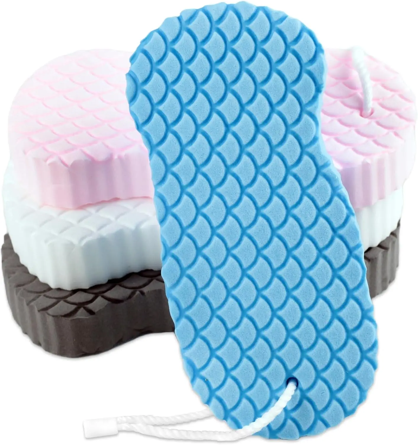 4-Piece Non-Toxic Exfoliating Bath & Shower Sponge Kit – Gentle Dead Skin Remover, Smooths Skin, Absorbent, Durable, Flexible, Colorful (Pink, Blue, White, Gray) for the Whole Family