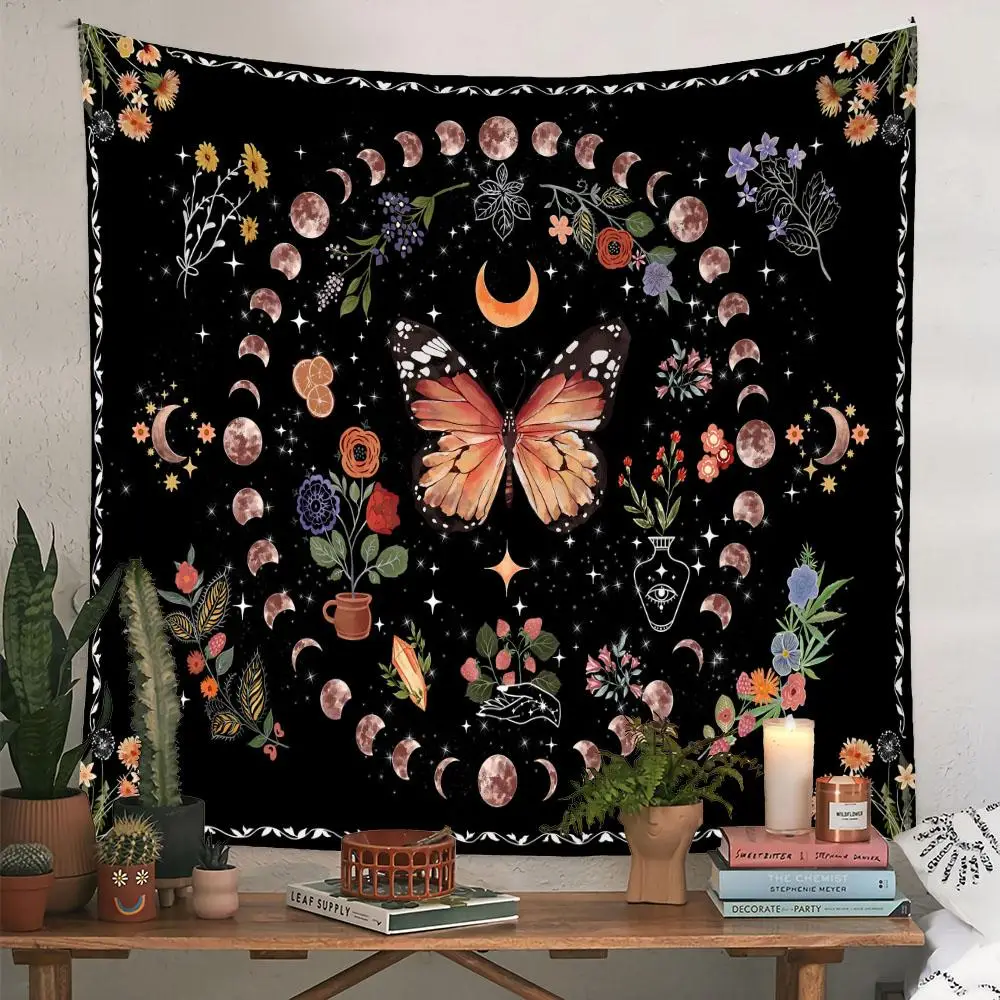 Butterfly & Floral & Moon Design Tapestry for Room Decor, 1 Count Creative Hanging Background, Bohemian Style Hanging Wall Art for Home Bedroom Living