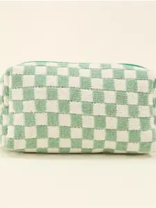Chessboard Knitted Pencil Case, Colorblock Wool Storage Bag, Large Capacity Style, Durable Polyester Travel Organizer