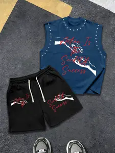 Men's American Motivational Style Rivet Sleeveless Sports Set, Comfortable Breathable Fabric, Hand Pass Pattern, Base Letter Print, Streetwear Two-Piece Set, Letter Print Sportswear, Letter Print Sweatsuit