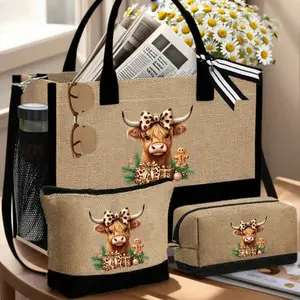 Cute Highland Cow Theme Handbag Set, Includes Handbag, Coin Purse, Square Bag, Leopard Print Bow Design, Large Capacity