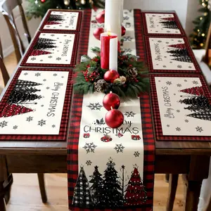 1 piece/4 piece/5 piece set/7 piece set, Christmas table flag and placemat set, Merry Christmas Water Buffalo checkered table flag Christmas placemat red black suitable for holiday kitchen and restaurant decoration, party wedding decoration, Table Runner