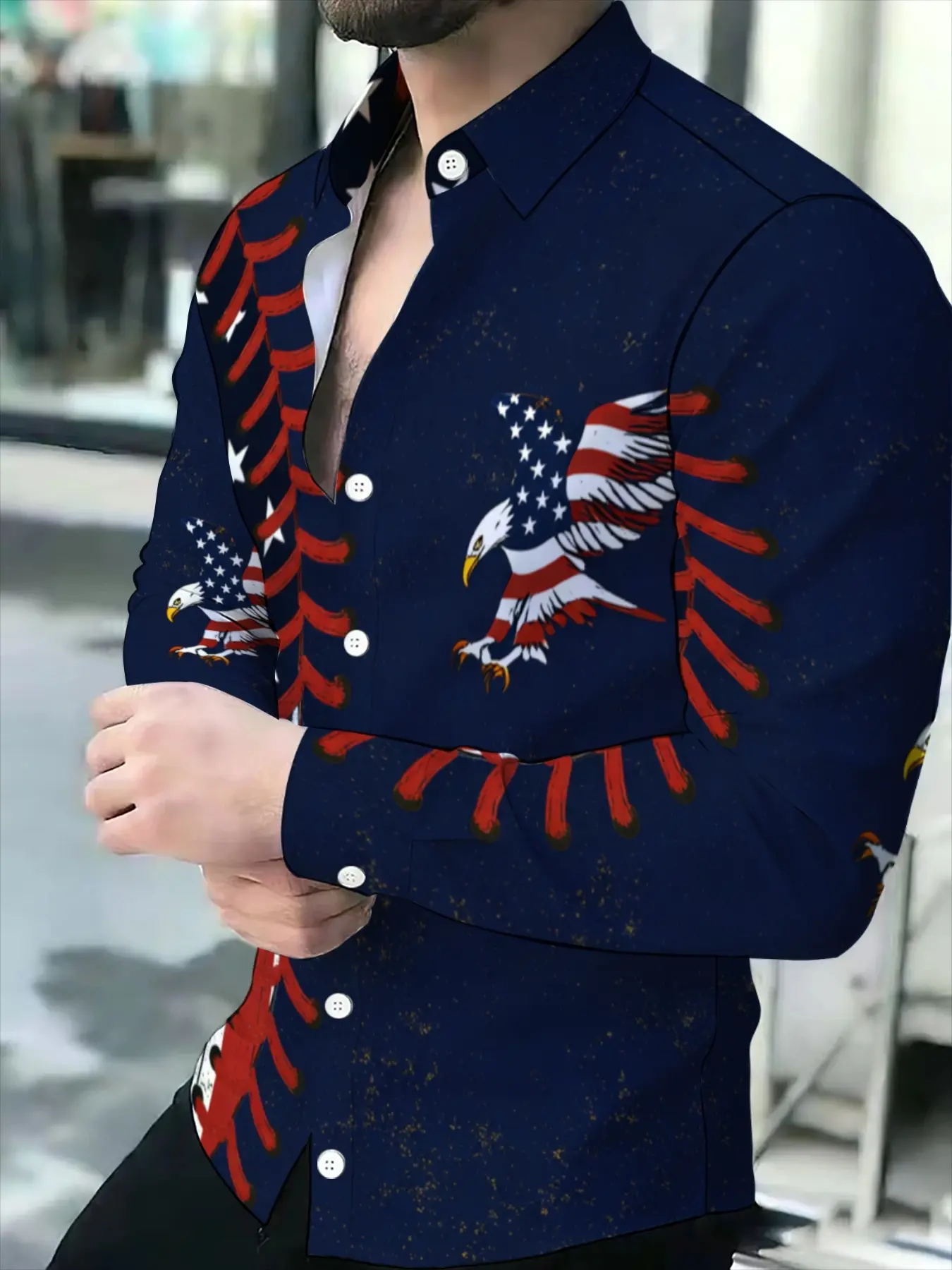 Men's Long Sleeve Button Front Casual Collared Shirt Casual Style Graphic American Flag Eagle Novelty Pattern
