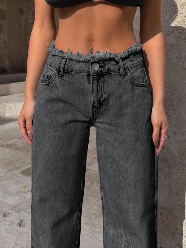 Women's High Waist Raw Hem Baggy Jeans, 2026 T-Chic All-Season Versatile Outdoor Casual Pants, Comfortable Outdoor Wear, Stylish Ladies' Bottoms