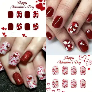 48pcs (2 Styles) Valentine's Day Heart-shaped Themed Nail Art Stickers and Nail Pressing Set, Red and Pink Heart-shaped Nail Decoration, Women's Sweet and Romantic Style Nail Accessories, DIY Nail Art for Valentine's Day, Dates and Parties
